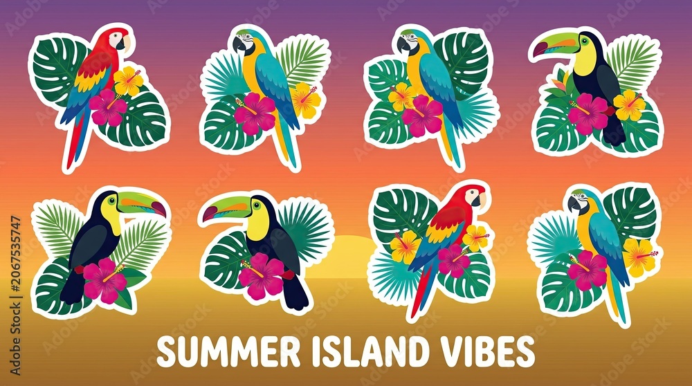 Fototapeta premium Colorful tropical bird decals with parrots, toucans, jungle foliage, and exotic flowers against a sunset background.