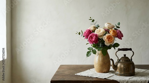 Elegant bouquet of colorful roses and vintage kettle on wooden table