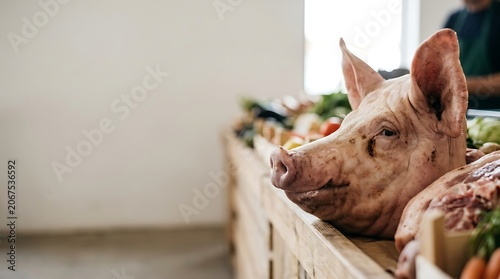 Whole pig head displayed on a wooden counter at a market