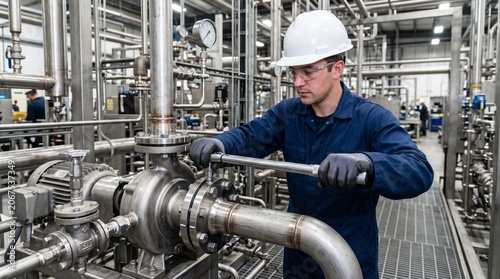 Industrial technician servicing pump system in active manufacturing plant