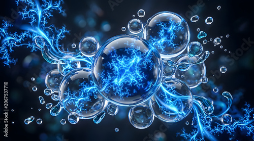 Electric blue glowing bubbles with lightning on dark background.