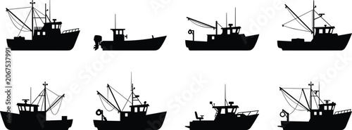 Tableau sur toile Commercial Fishing Boat Silhouette Collection with Trawler and Marine Vessel Set