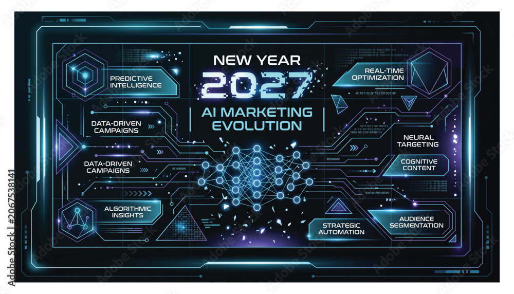 Fototapeta premium New year 2027 AI marketing evolution predictive intelligence and algorithmic insights with marketing intelligence evolution technology analytics interface strategy automation futuristic