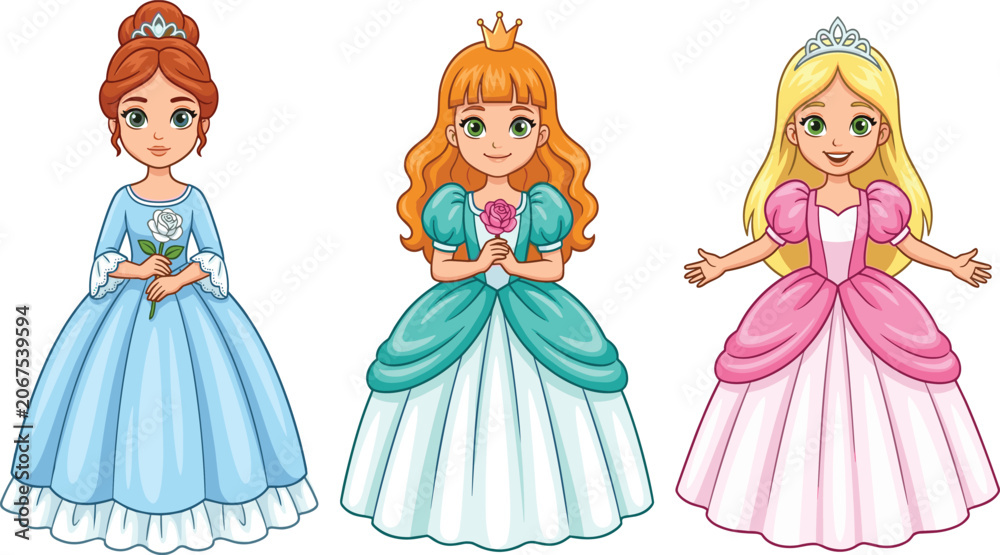 Fototapeta premium Cute Cartoon Princess Characters – Vector Illustration Set