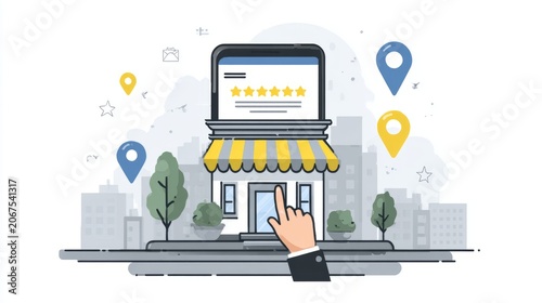 Local business search and SEO strategy concept showing customer review ratings, storefront icon, location pin, and smartphone interaction representing online reputation management with feedback stars 
