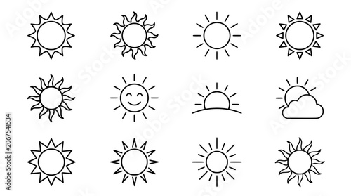 Minimalist sun icon set with 12 linear weather symbols. Black outline sun illustrations for web design. Modern solar energy and sunrise graphics.