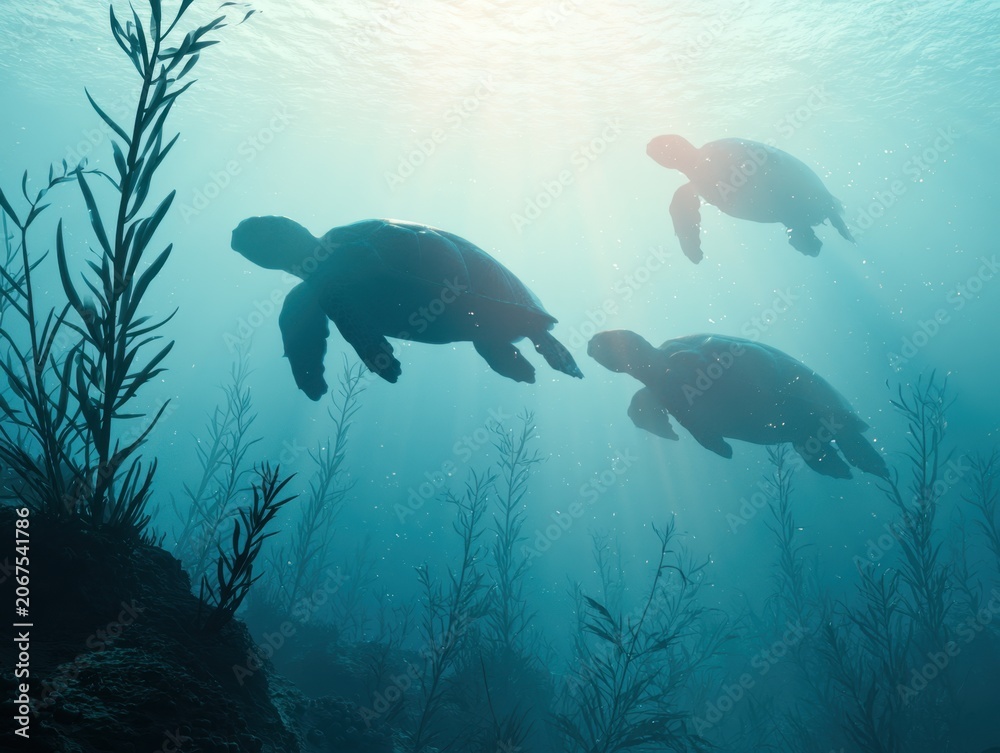 Fototapeta premium Silhouettes of Sea Turtles Swim Underwater Amidst Ocean Plants