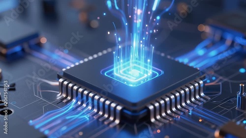 Glowing Microchip Activating with Digital Energy Surge