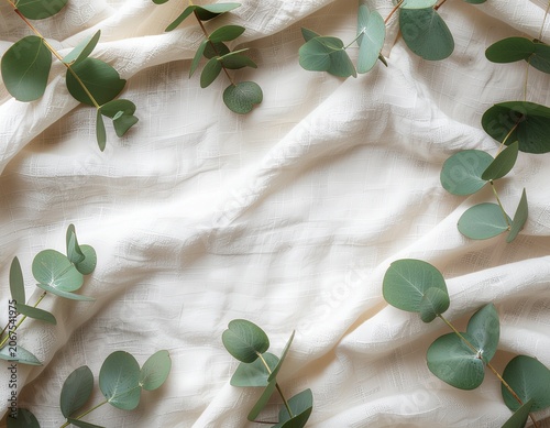 Soft Linen Fabric Background with Fresh Eucalyptus Leaves
