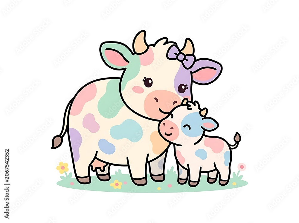 Obraz premium Cute cartoon cow and calf family illustration