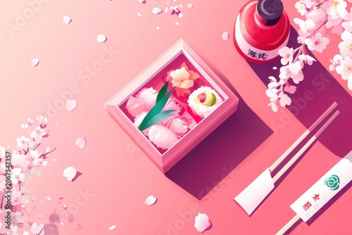 A pink background image of sushi in a box with chopsticks and a bottle
