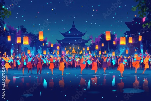 A serene nighttime scene featuring a crowd releasing glowing lanterns on a body of water, with a traditional Asian building in the background
