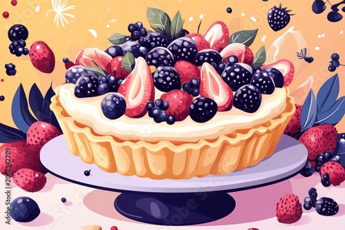 A colorful illustration of a fruit tart on a stand with scattered berries