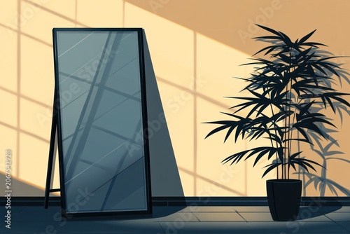 A large mirror stands against a wall with a plant beside it, casting shadows