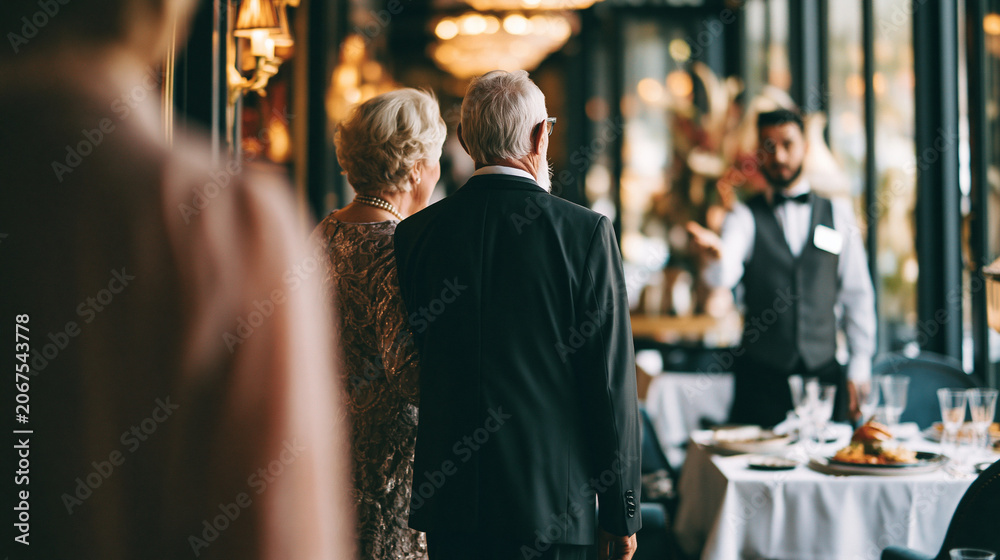 Obraz premium Elegant senior couple arriving at a luxury fine dining restaurant, male host or waiter showing them to a reserved table for a romantic dinner.