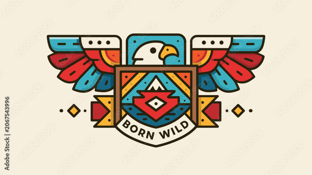 Fototapeta premium Colorful emblem featuring a wild eagle and tribal elements.