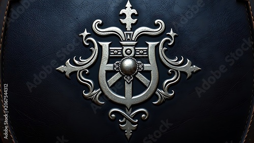 Stylized heraldic portcullis design engraved on a medieval shield, metallic sheen.