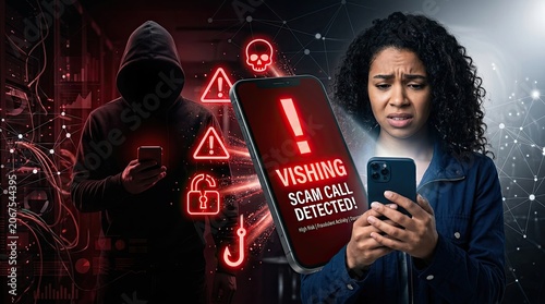 Worried woman holding smartphone receives vishing scam call alert with hacker in background and digital security warnings representing cybercrime