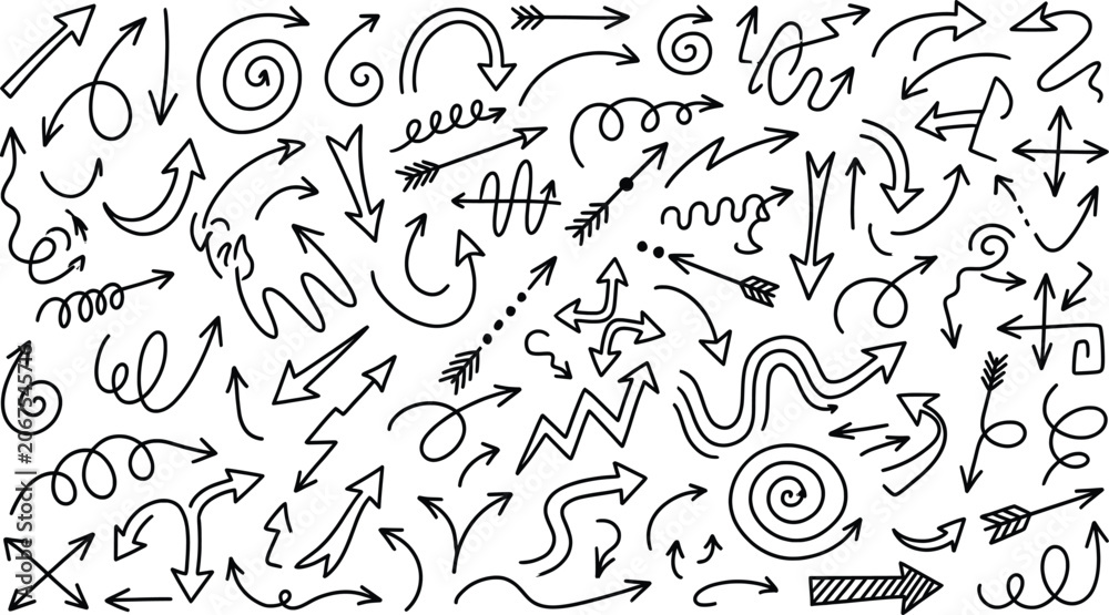 Fototapeta premium Hand drawn arrow set in doodle style, black ink sketch pointer collection, decorative curved and spiral arrows for infographics and presentations