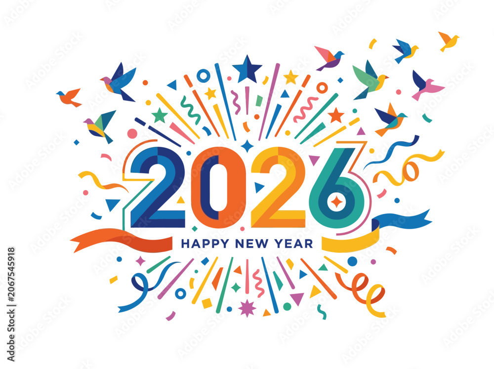 Fototapeta premium Colorful 2026 happy new year celebration graphic with confetti and birds on a white background