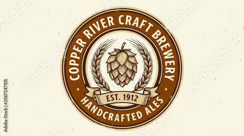 Vintage Emblem Logo with Wheat Stalks and Hop Cone in Sepia and Amber Tones