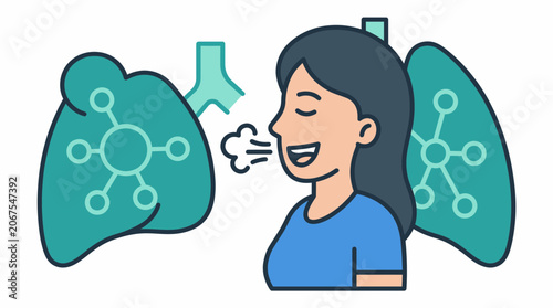 Woman breathing deeply with healthy lungs illustration