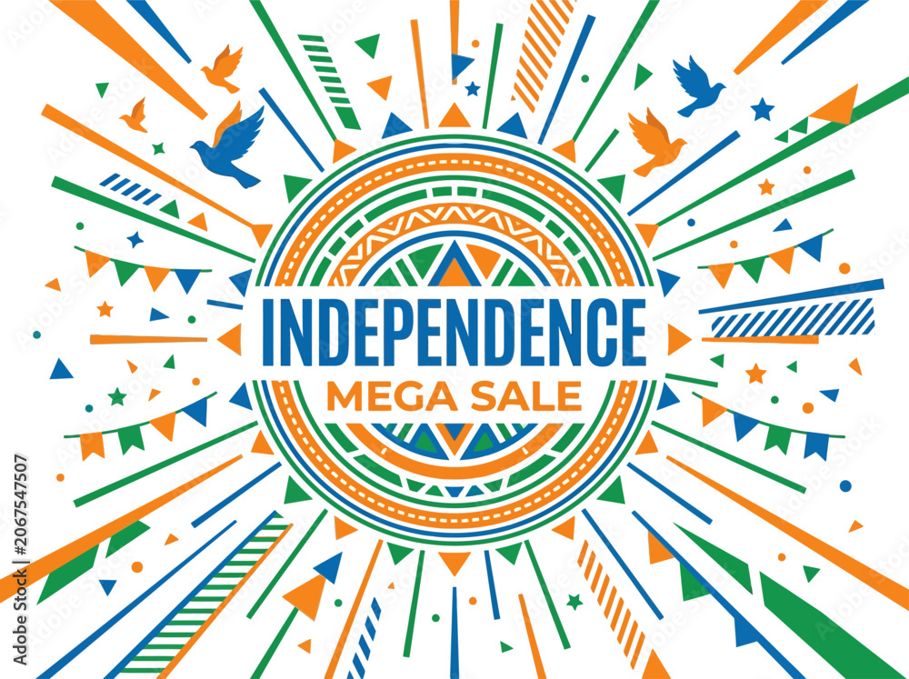 Fototapeta premium Vibrant independence mega sale graphic with colorful flags and patterns isolated on white background