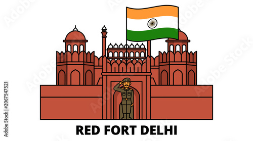 Red Fort Delhi Guard with India Flag for Independence Day