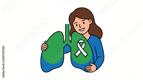 Smiling woman hugging healthy lungs with awareness ribbon