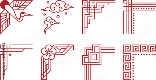 Foto Traditional Chinese corner borders set, red oriental frame elements with crane a