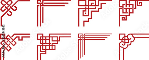 Foto Traditional Chinese corner borders set of 8 red vector elements, oriental geomet