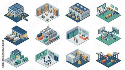 Isometric illustrations of various industrial and commercial buildings, including warehouses, factories, and offices.