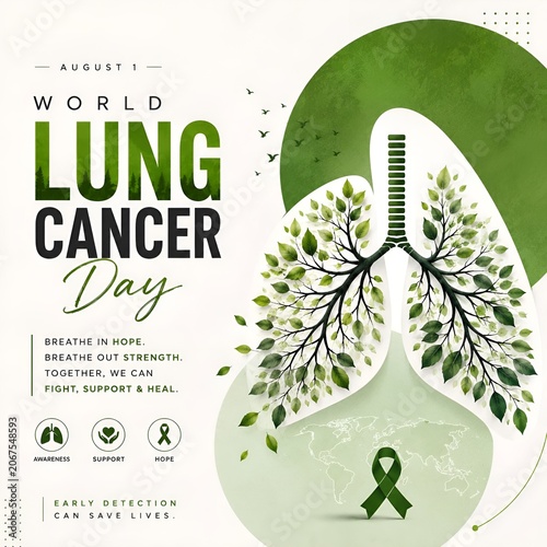 World lung cancer day awareness poster design with illustrative green lungs