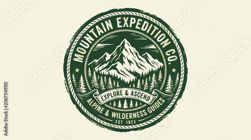 Vintage Mountain Expedition Badge Logo with Pine Tree and Peak Silhouette
