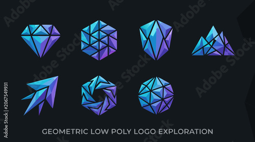 Seven Geometric Low Poly Abstract Logo Marks Arranged on a Dark Background