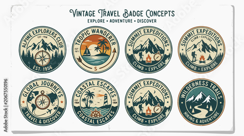 Six Vintage Travel Badge Logo Concepts Arranged on a White Background