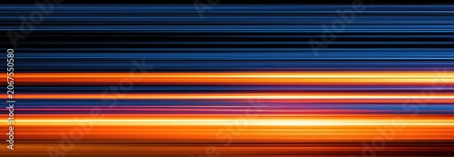 Abstract horizontal lines of vibrant orange, yellow, and blue blend, suggesting motion and light