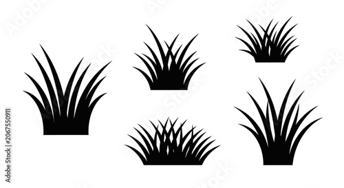 Black Silhouette Grass Clumps Vector Set on White Background