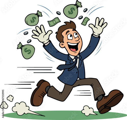 Canvastavla Joyful Man Running with Raining Money - Financial Success and Windfall
