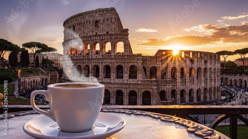 Steaming cup of coffee on a table overlooking the ancient Colosseum in Rome