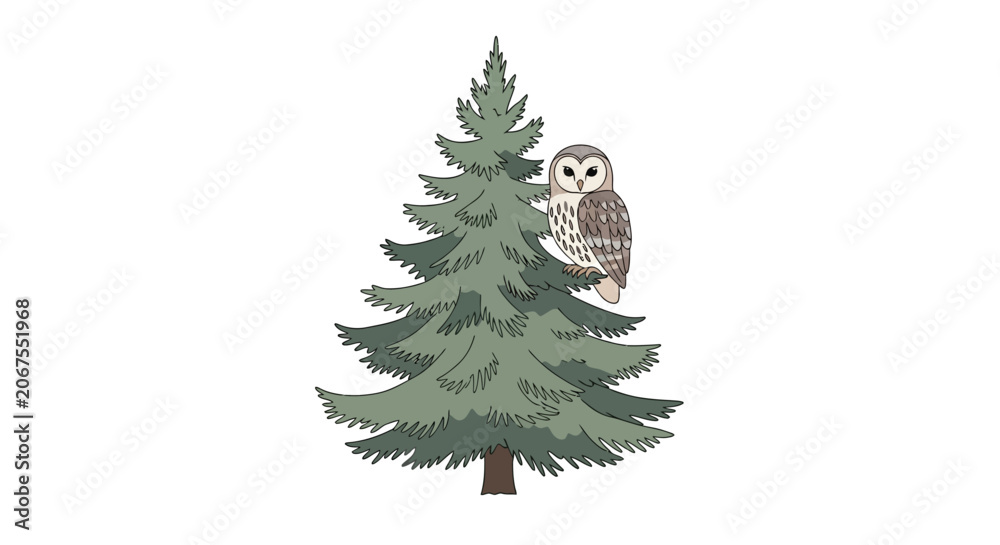 Obraz premium Cute cartoon owl perched on a green evergreen tree.