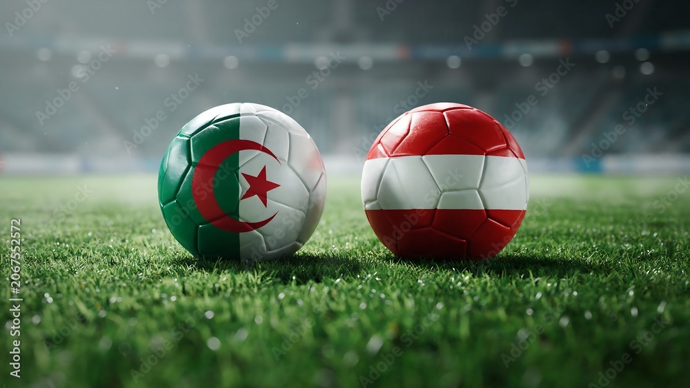 Obraz premium Soccer balls with Algeria and Austria flags on a professional stadium pitch during a night match event