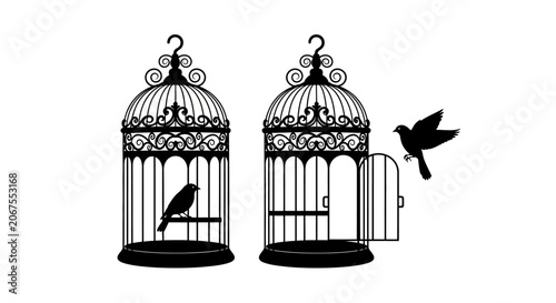 Quadro su tela Birdcage, bird escape, freedom icon, black silhouette, vector illustration