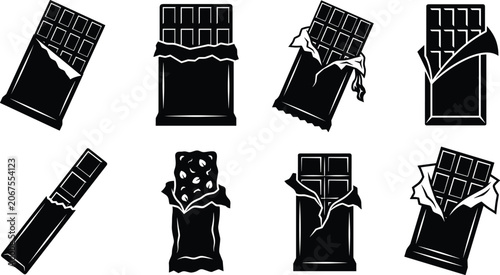 Bild auf Leinwand Chocolate Bar Packaging Silhouette Set with Wrapped Candy and Snack Icons