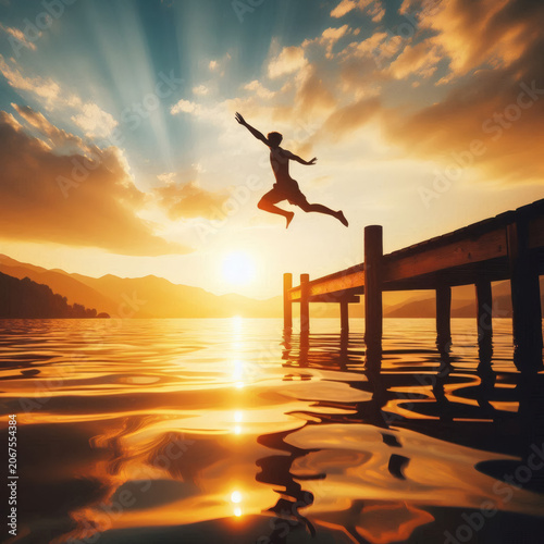 A Silhouette Of A Person Jumping Off A Wooden Dock Into A Lake During Golden Sunset