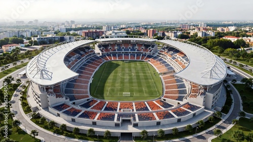 Aerial view of a large modern football stadium with orange and blue seats under a bright sunny sky