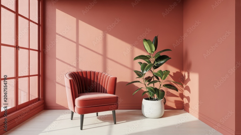 Fototapeta premium Elegant red velvet armchair standing near a green potted plant