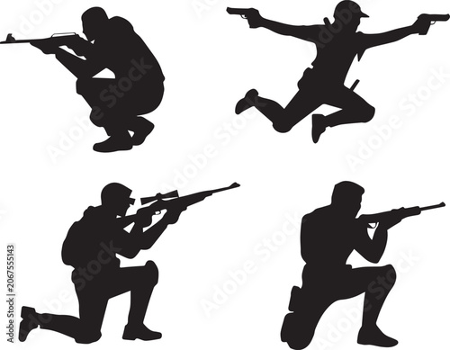 Bild auf Leinwand Black silhouette set of armed soldiers with silhouette military tactical