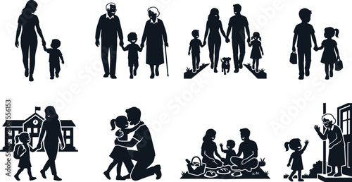 Tableau sur toile Family Life and Intergenerational Relationships Silhouette Icons Set for Social