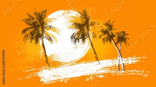 Summertime vector background with palm trees, bright sun, white brush strokes, hot sunny day graphic template with copy space